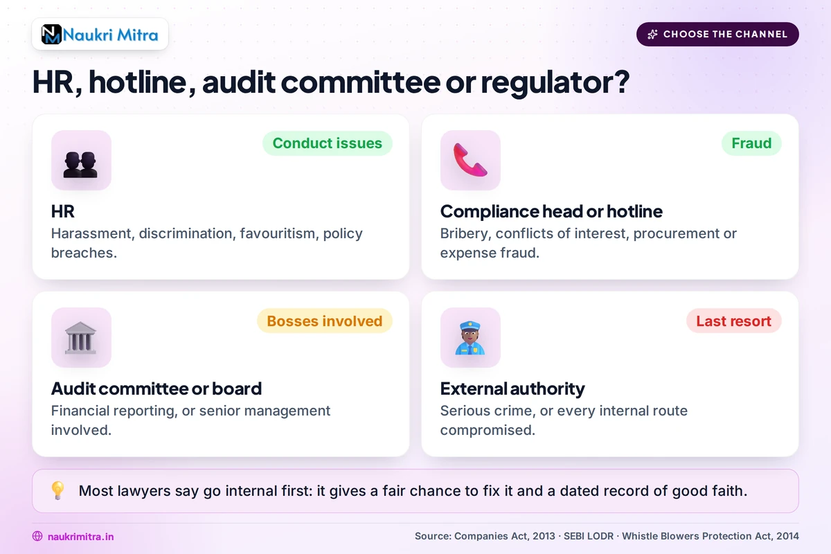Office scene comparing HR, audit committee and regulator options for a whistleblower complaint in India
