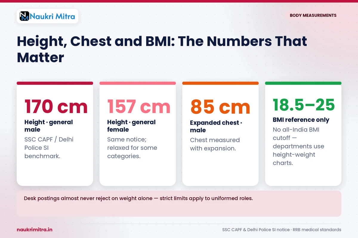 BMI, height and chest measurement during a government job physical and medical recruitment test