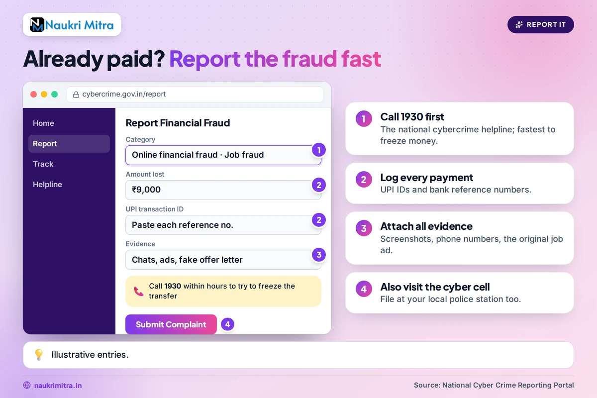 Reporting a placement agency job scam on India's cybercrime complaint portal