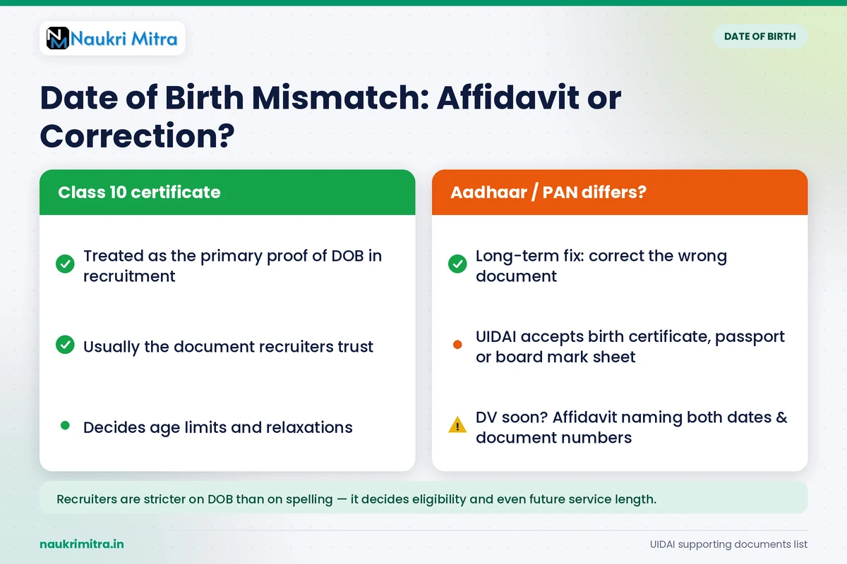 Date of birth discrepancy affidavit comparing Aadhaar, 10th certificate and other documents