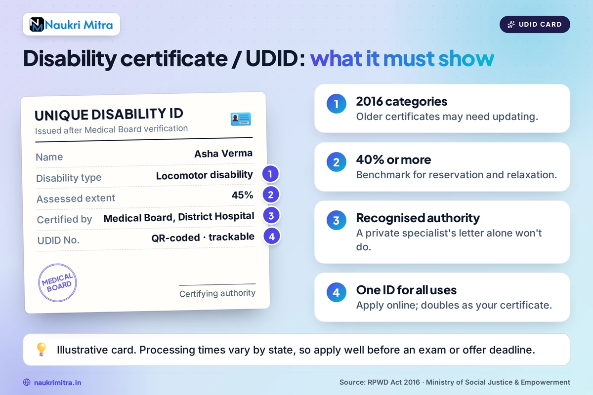 UDID card application form and disability certificate documents laid on a desk