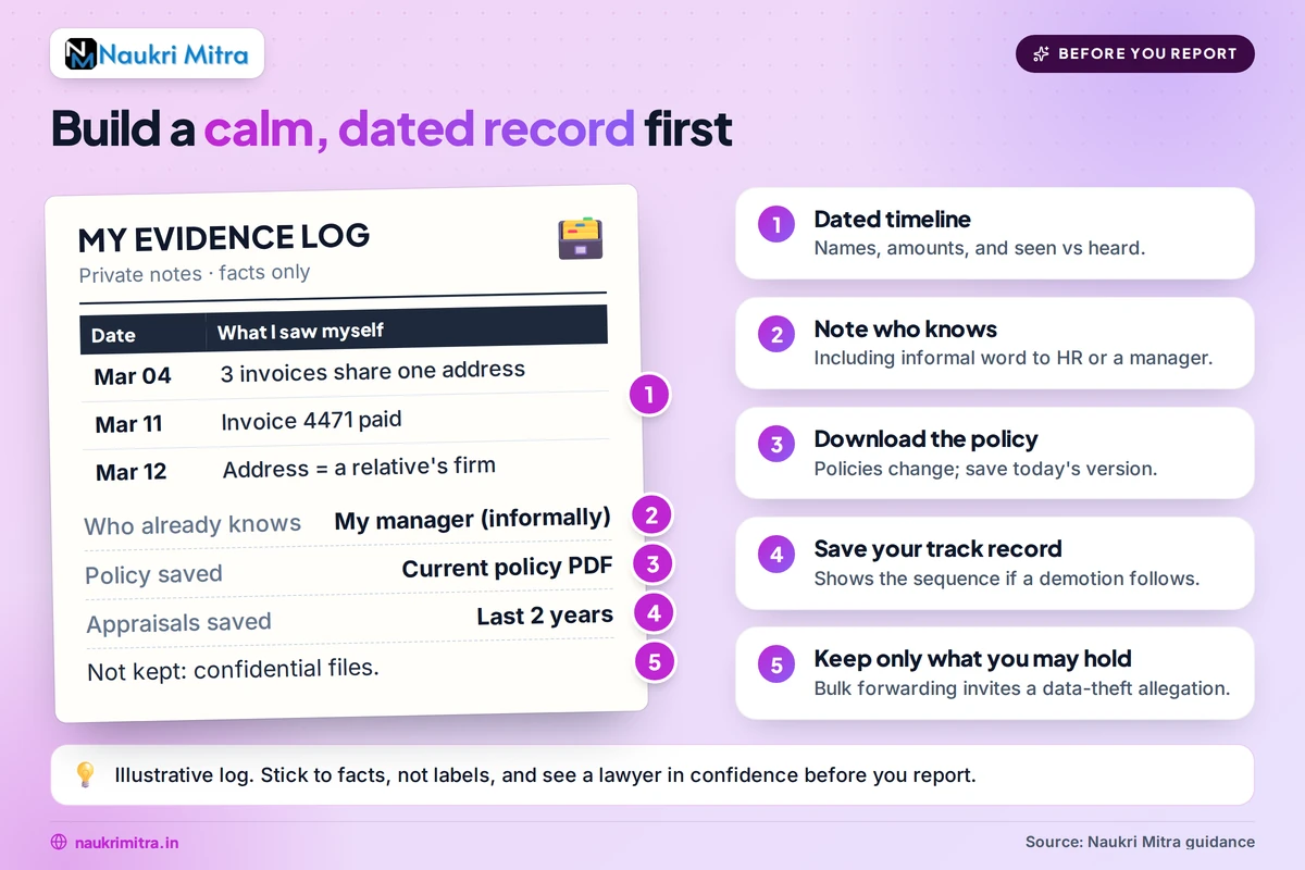 Employee organising dated evidence and a timeline before filing a whistleblower complaint in India
