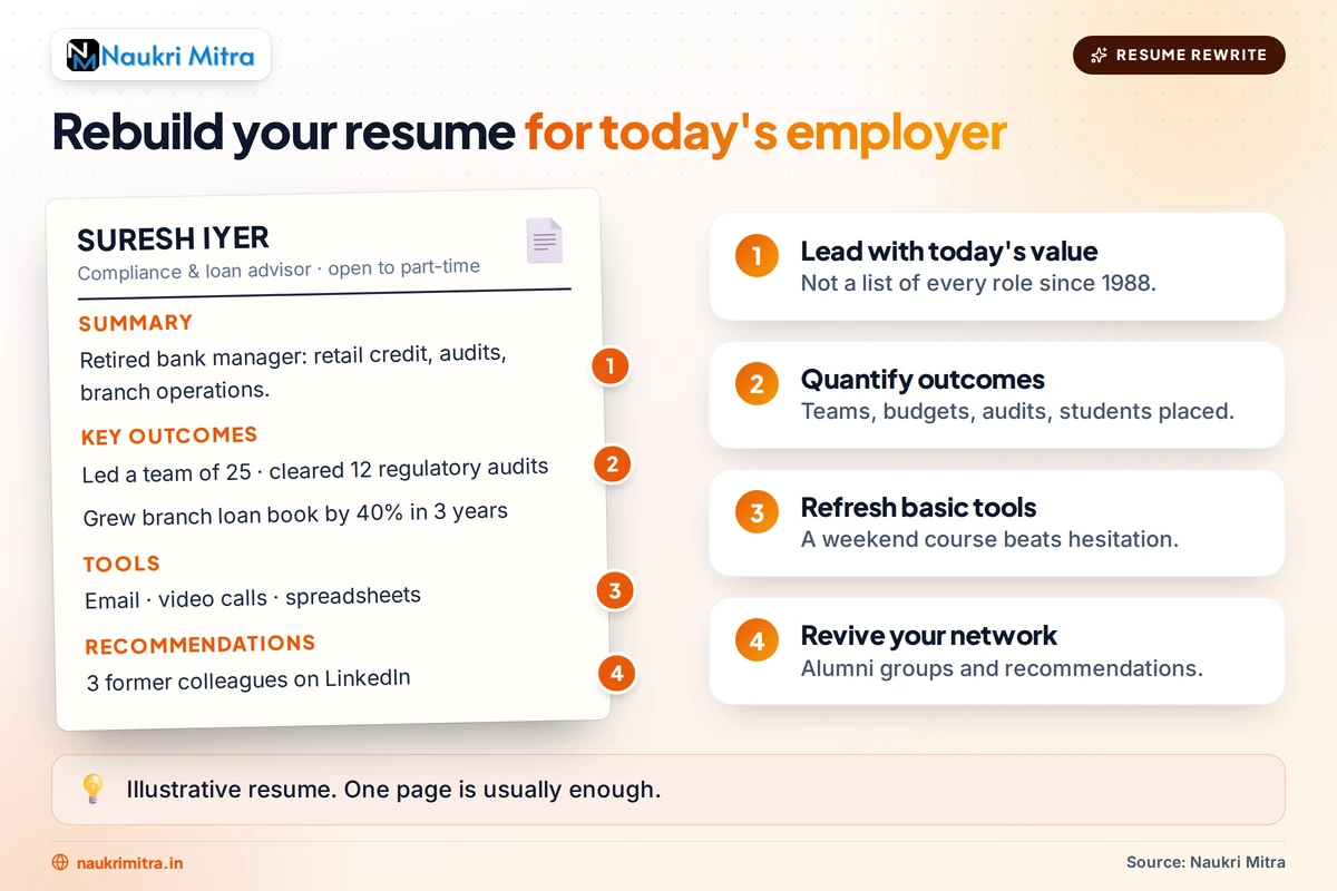 Senior professional updating a resume and LinkedIn profile after retirement