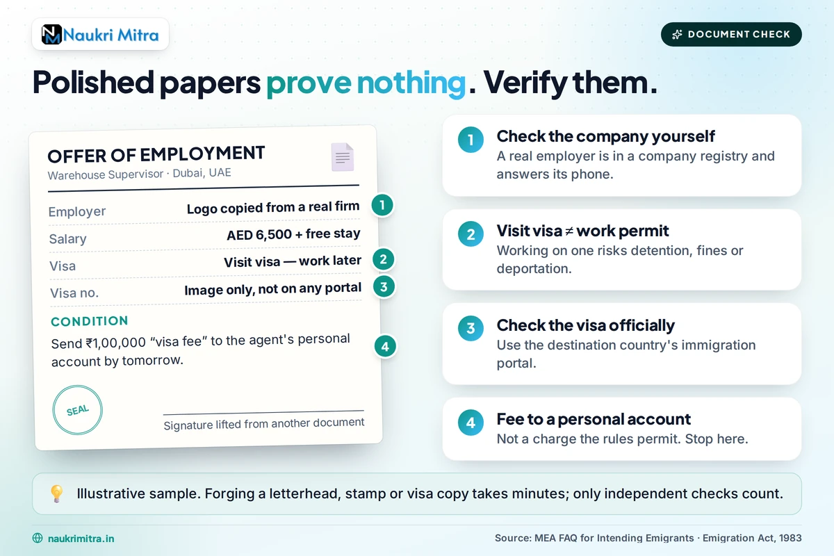 Checking a fake visa and offer letter for forged stamps and mismatched details