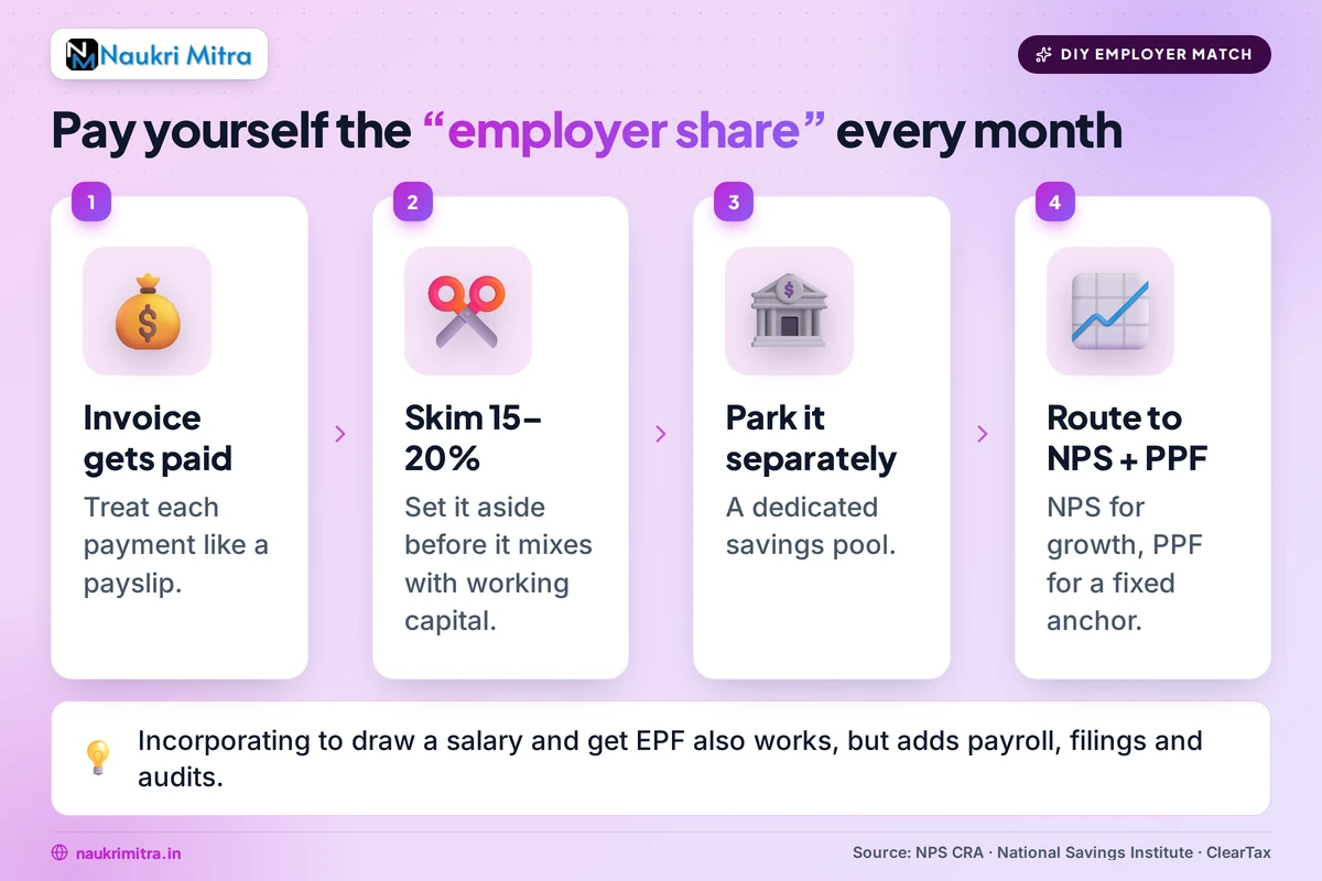 Freelancer routing a self-made employer-match contribution into NPS and PPF