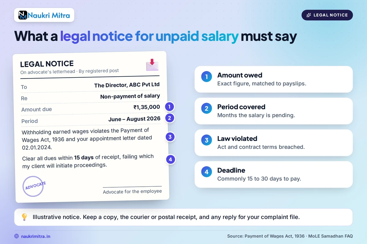 Drafting a legal notice for unpaid salary to an employer
