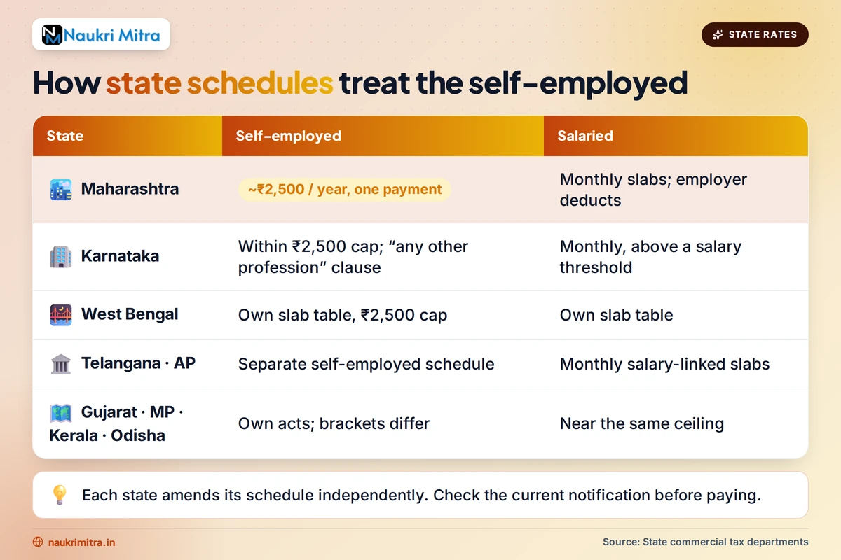 Comparison table of professional tax slab rates across Indian states for self-employed professionals
