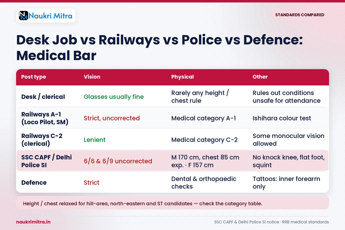 Comparison of medical standards for Railways, Police and Defence government jobs