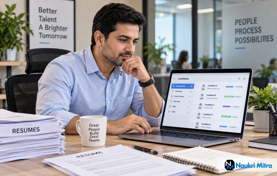 Recruiter reviewing resumes through an applicant tracking system during the screening workflow