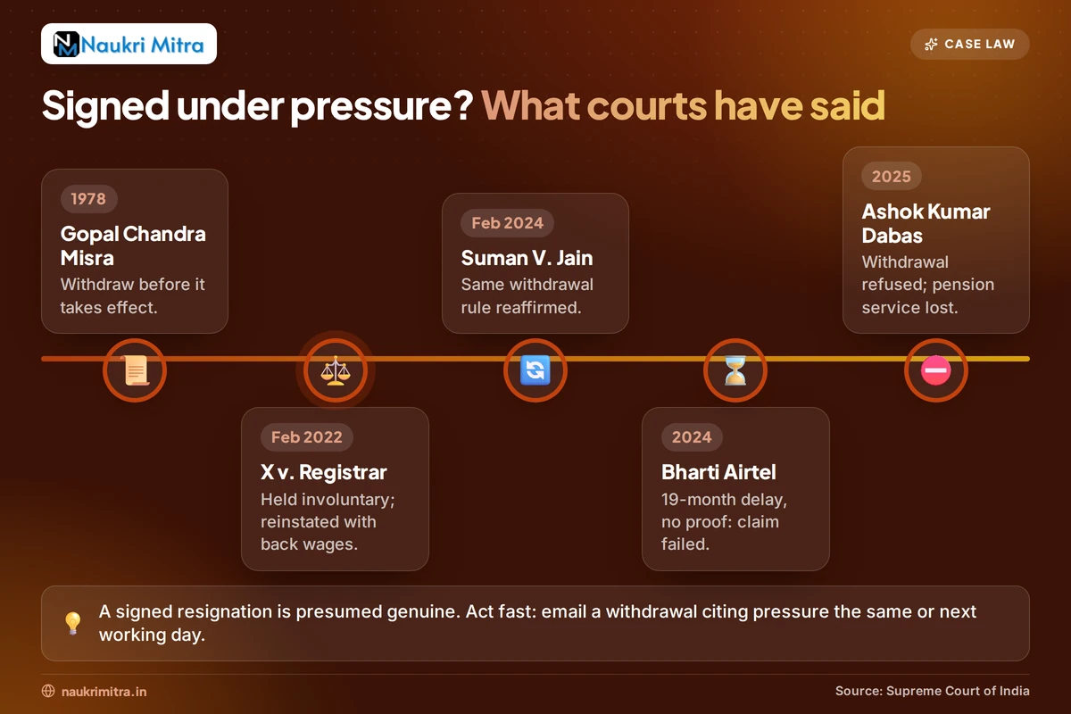 Resignation letter being signed under pressure with a legal rights checklist for Indian employees