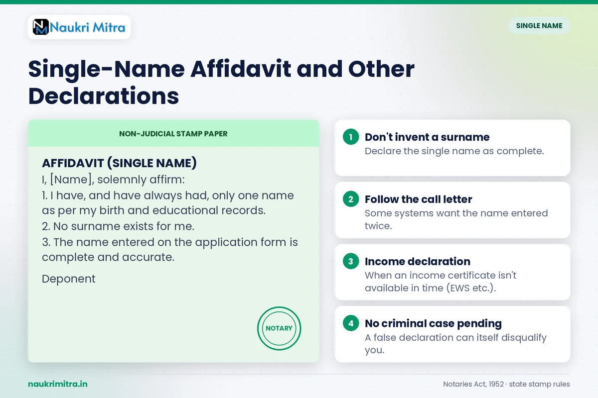 Single name affidavit format used by candidates without a surname for sarkari naukri forms