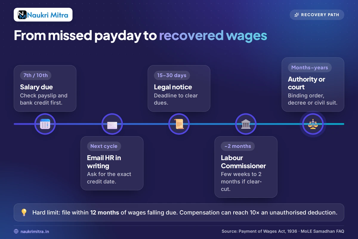 Timeline showing steps to recover unpaid salary through labour authorities
